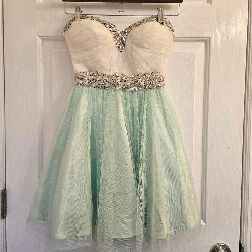 Bee Darlin Teal/White Rhinestone Jewel Dress- Size 1/2~ Juniors